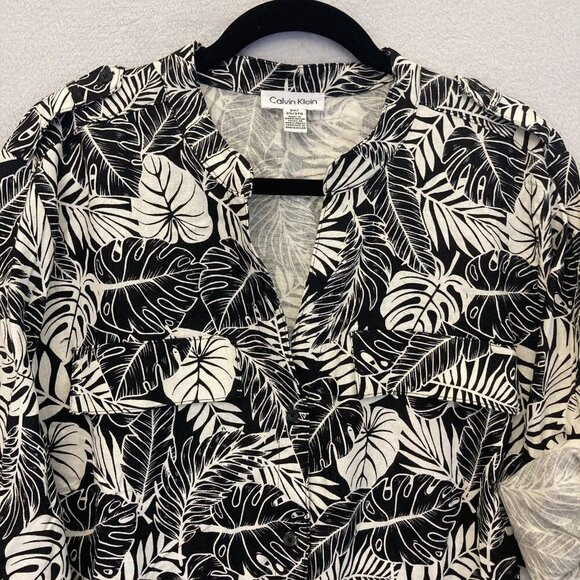 Calvin Klein Roll Tab Linen Blend Button Up Shirt Women's Size 2X Black Tropical - Picture 9 of 14